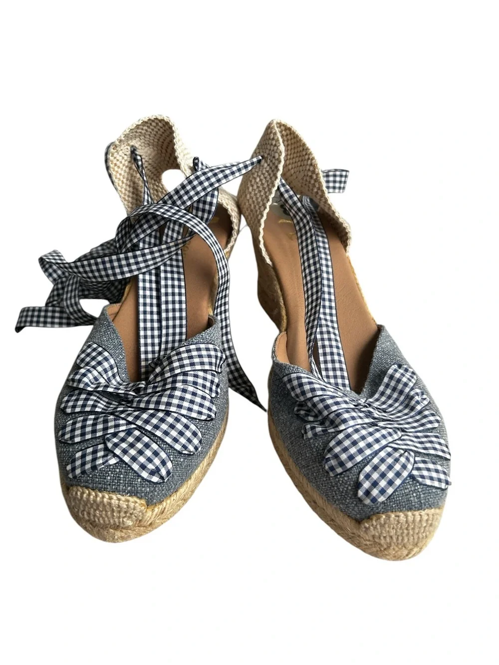 Paseart  Blue Gingham Plaid Lace-up Espardrille Wedge Size 8